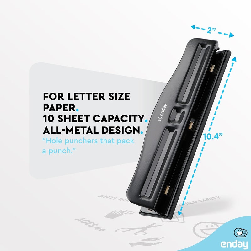 Enday 3 Hole Punch Heavy Duty, 3 Ring Hole Puncher for Binder, 10 Sheet Adjustable Paper Punch, Metal Three Hole Punch with Built-in Waste Chip Tray, Desktop 3 Hole Puncher Rubber Base, Black - by - Image 5